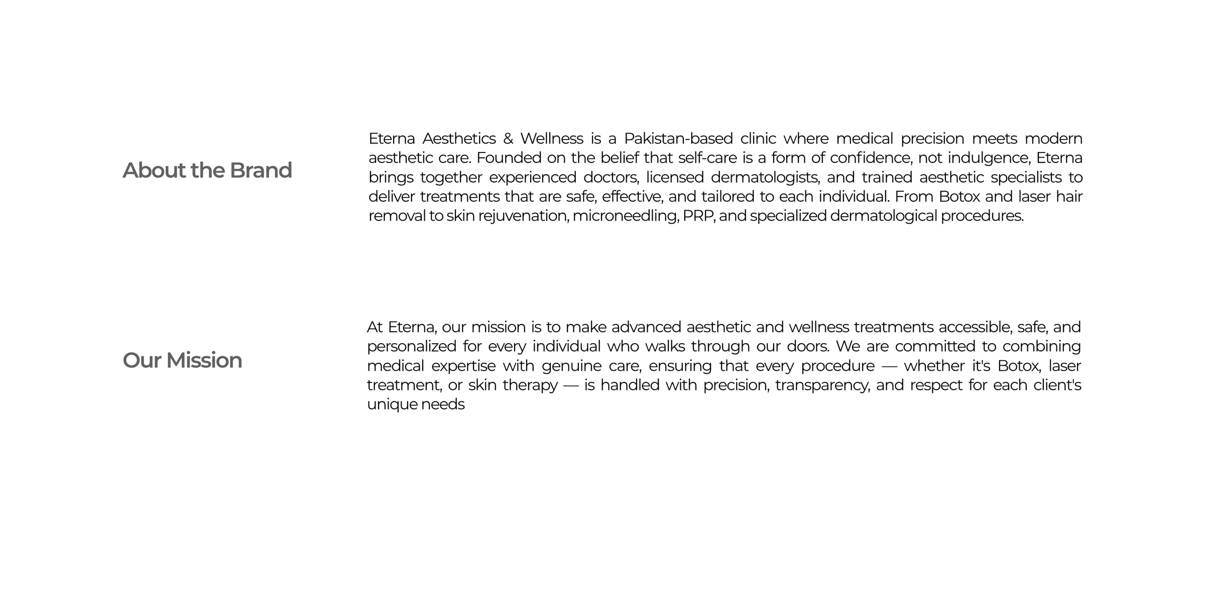 A brand deck slide titled ‘About the Brand’ and ‘Our Mission’, describing Eterna as a Pakistan-based clinic combining medical precision with modern aesthetic care.