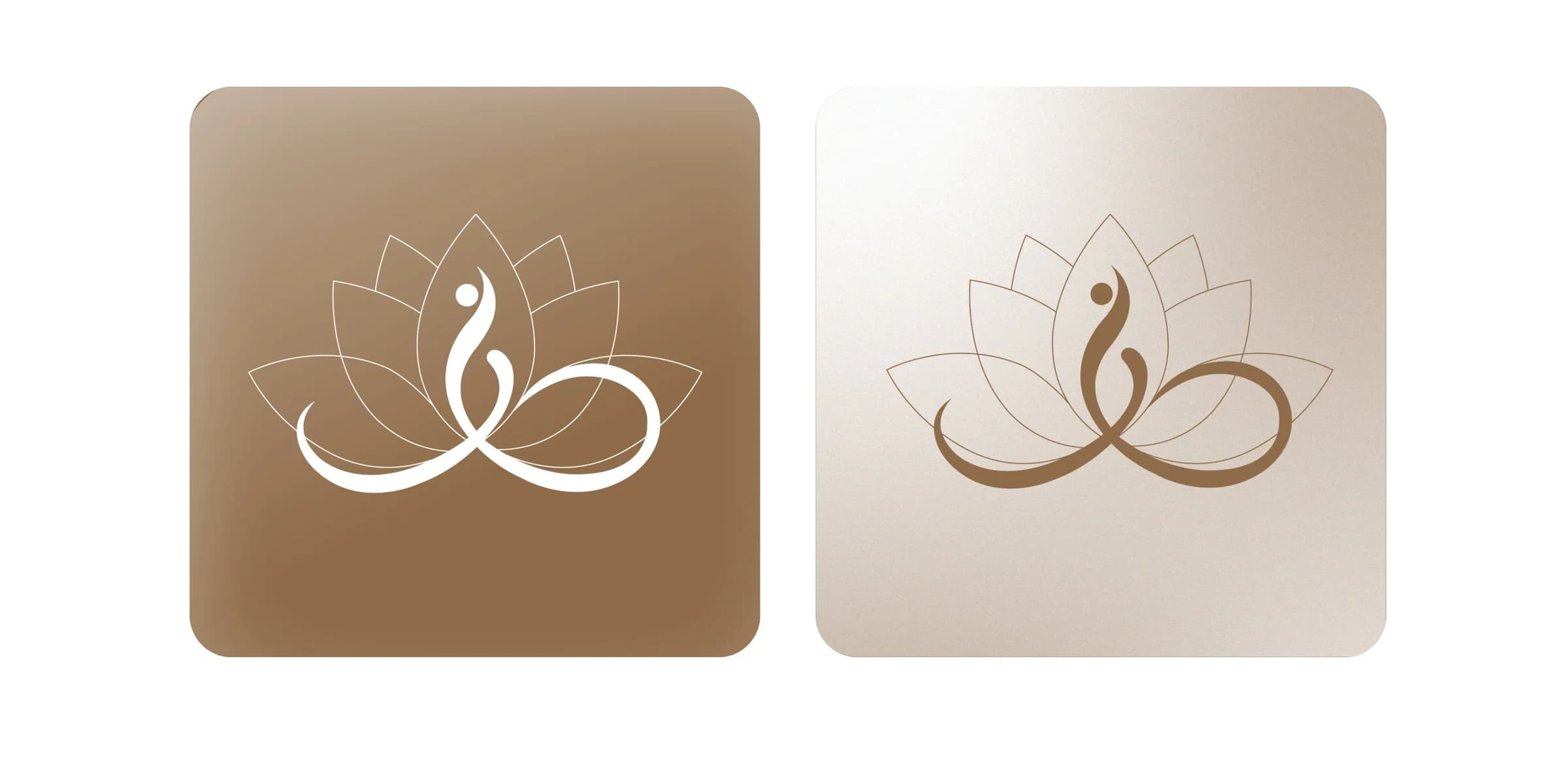 Two Eterna lotus logomark lockups shown on brown and cream background swatches.