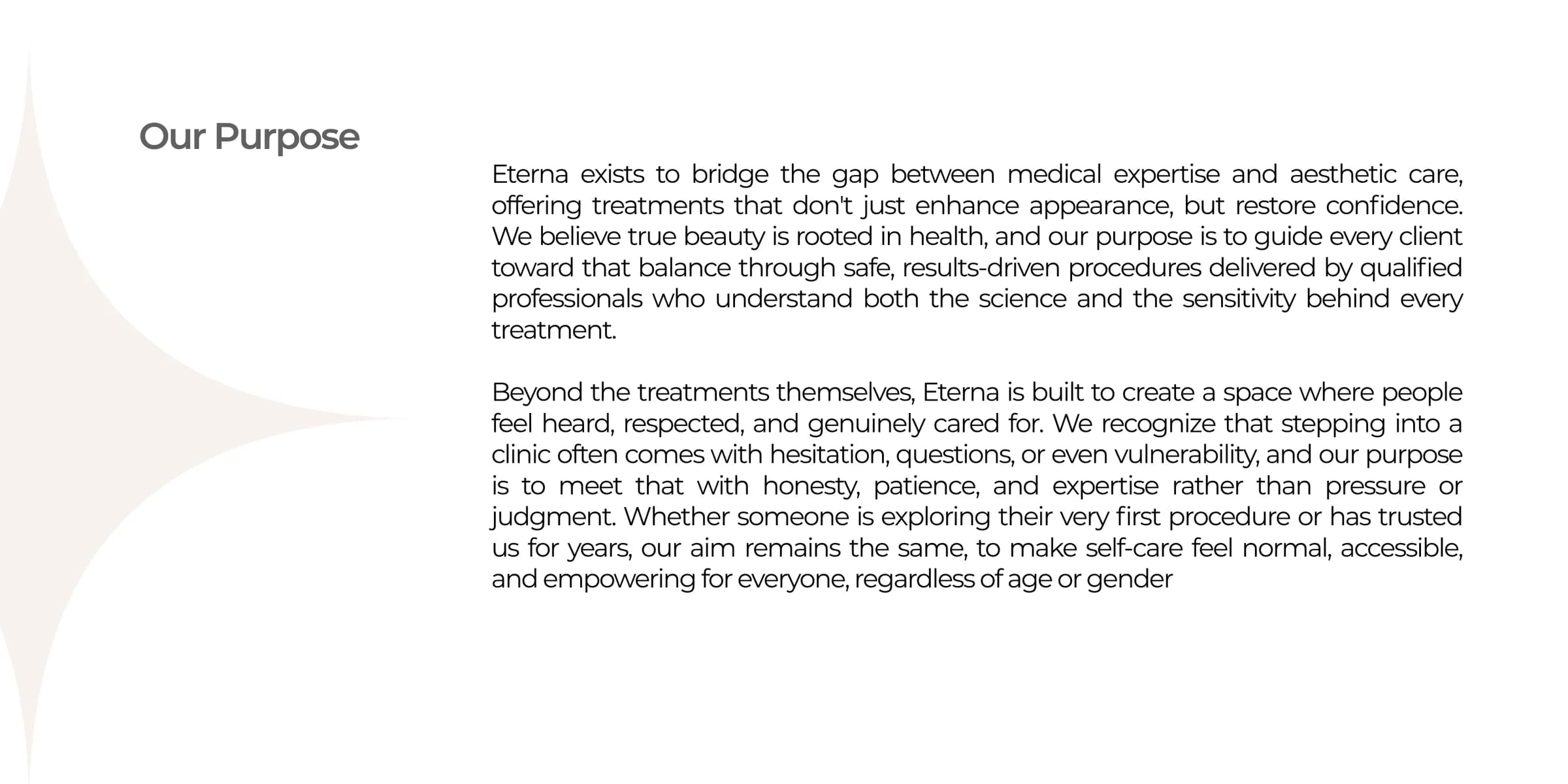 A brand deck slide titled ‘Our Purpose’, describing Eterna's aim to bridge medical expertise and aesthetic care with honesty and accessibility.