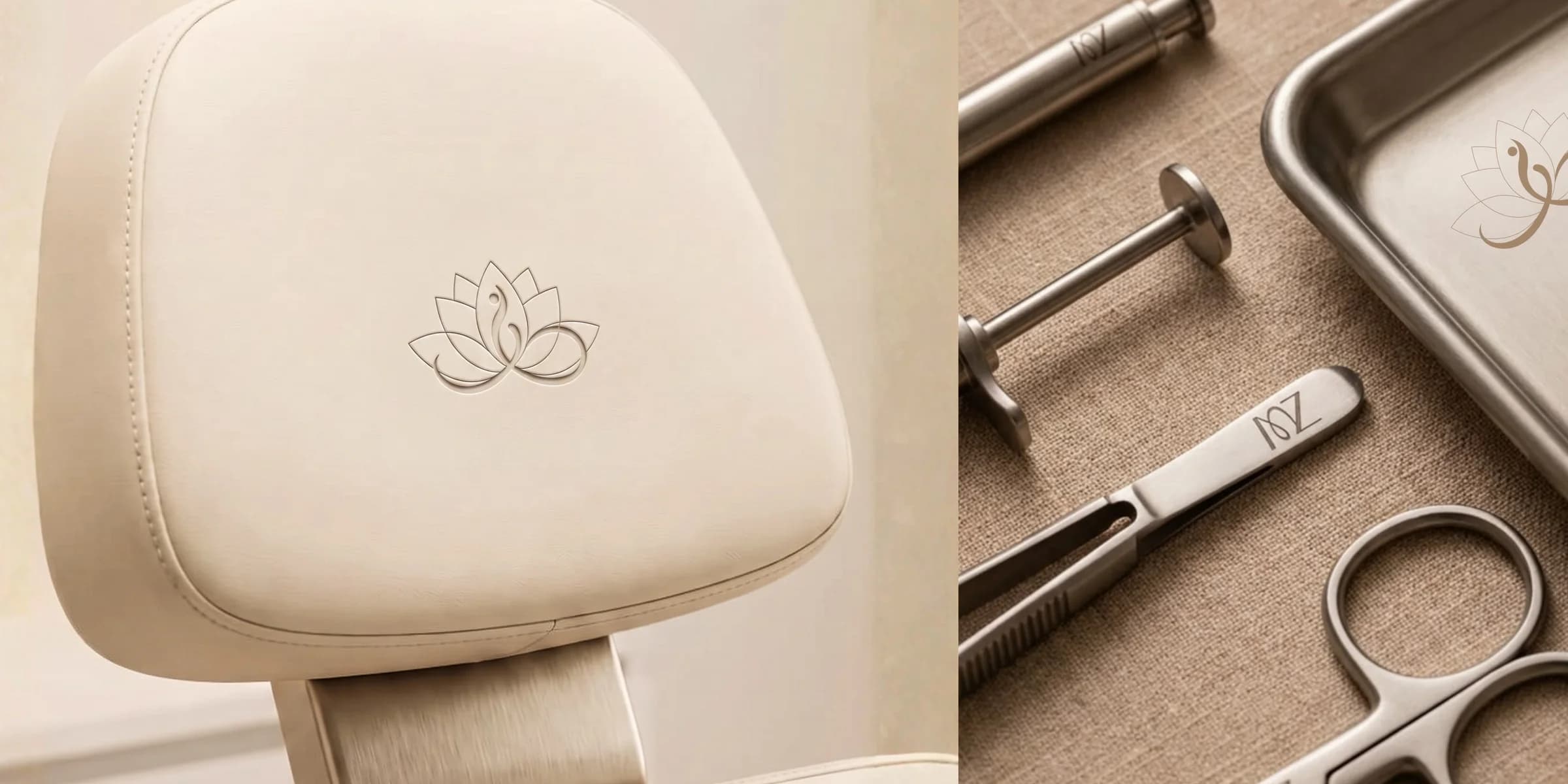 A cream treatment chair headrest embossed with the Eterna emblem, beside branded dermal tools on a tray.