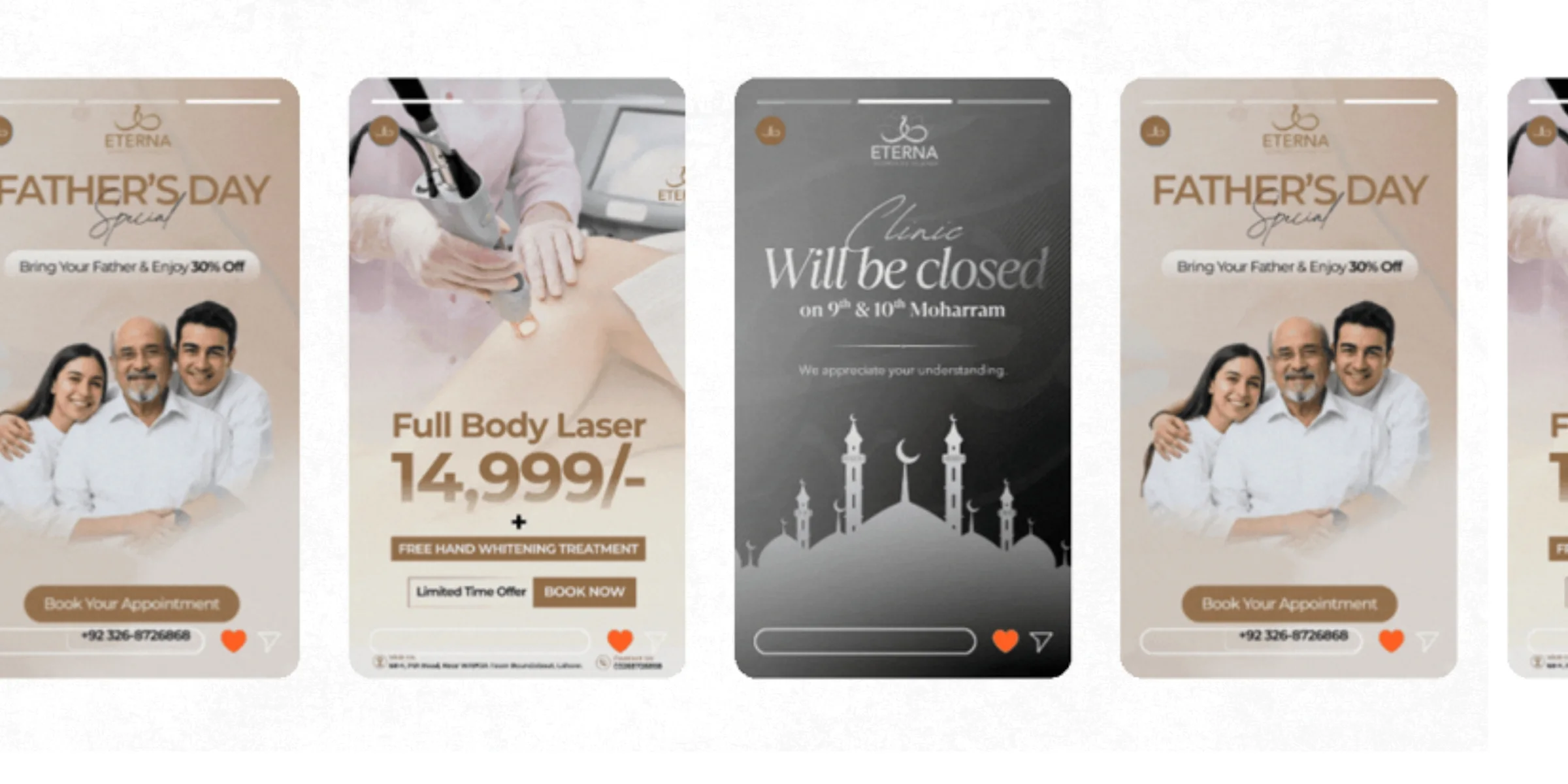 A set of Eterna Instagram story ads, including a Father's Day promotion and a full-body laser treatment offer.