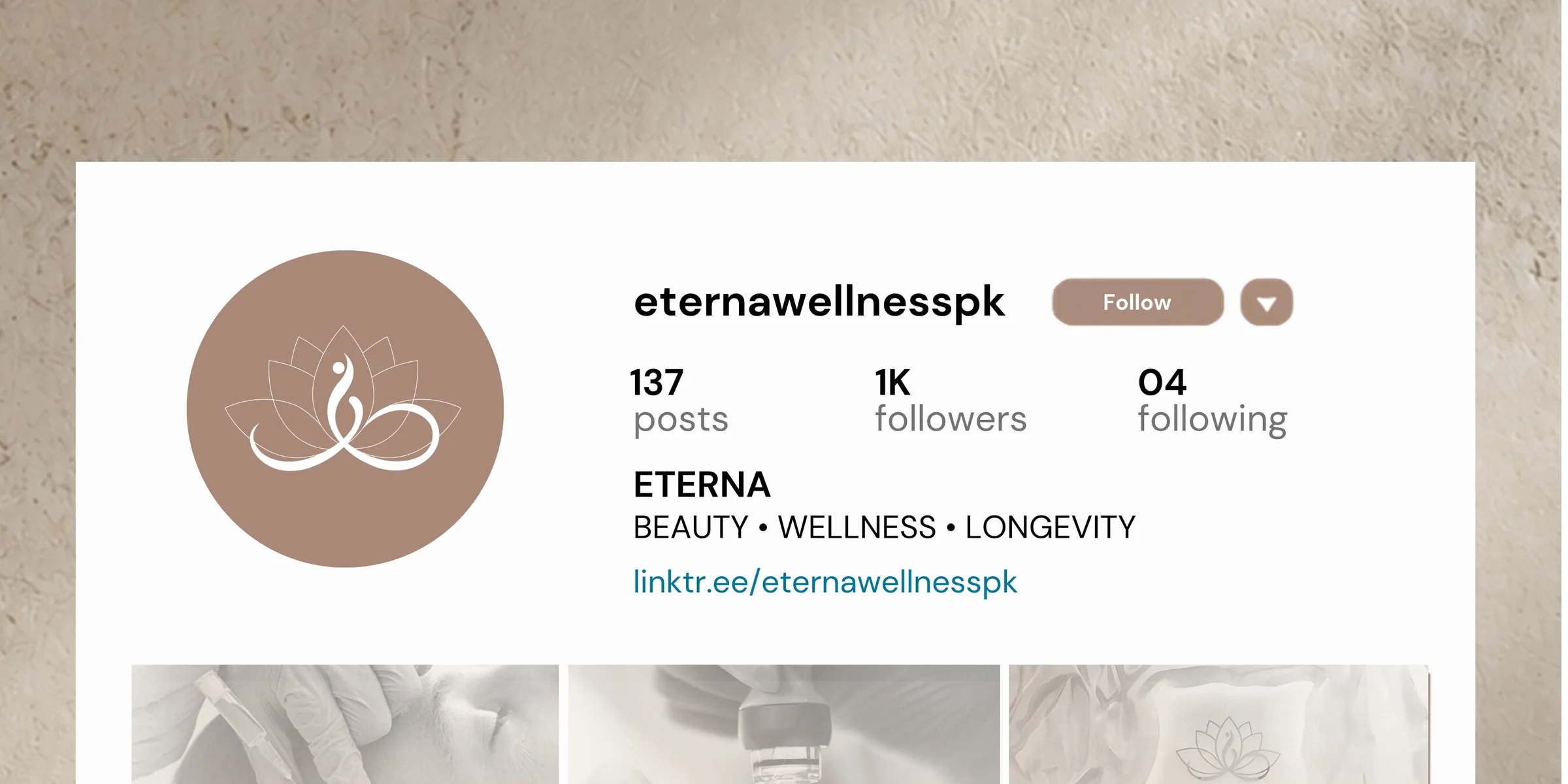 A mockup of the @eternawellnesspk Instagram profile grid, showing nine branded posts.
