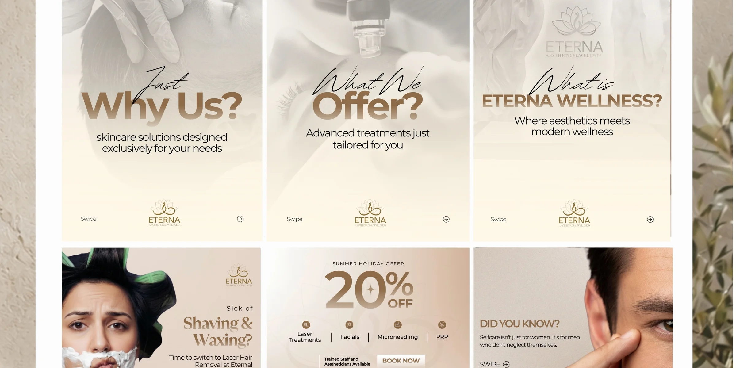 A three-panel swipe carousel covering ‘Why Us?’, ‘What We Offer?’, and ‘What is Eterna Wellness?’.