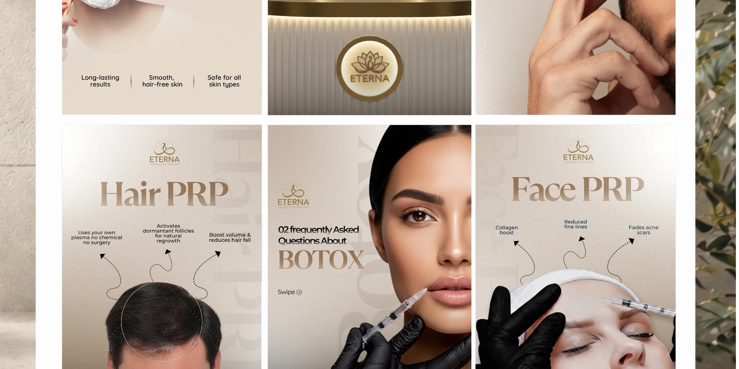 A grid of service ad mockups — Hair PRP, a Botox FAQ, and Face PRP — alongside jewelry-style detail photography.