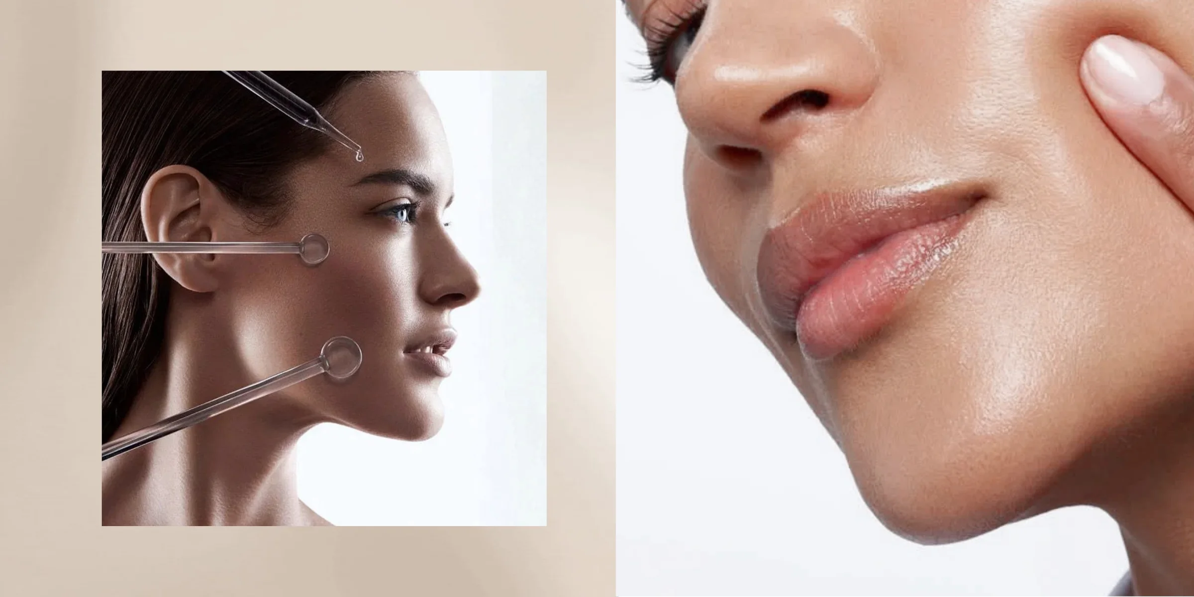 Two close-up beauty portraits showing skin treatment detail, shown side by side.