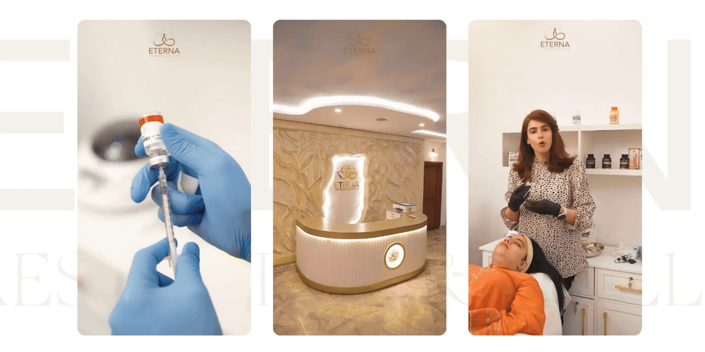 A grid of clinic photography — an injection being prepared, a treatment device, and a specialist treating a client.
