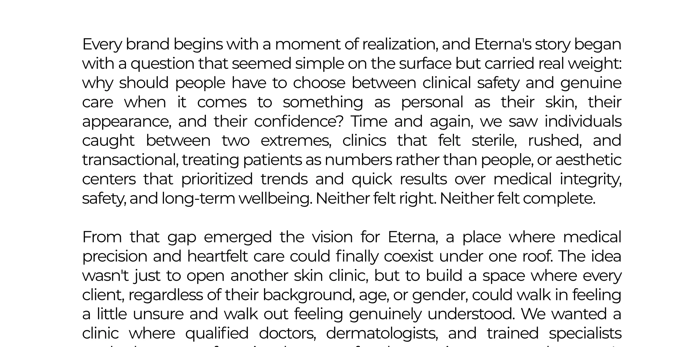 A brand deck slide beginning Eterna's origin story, on the gap between clinical safety and genuine care that led to founding the clinic.