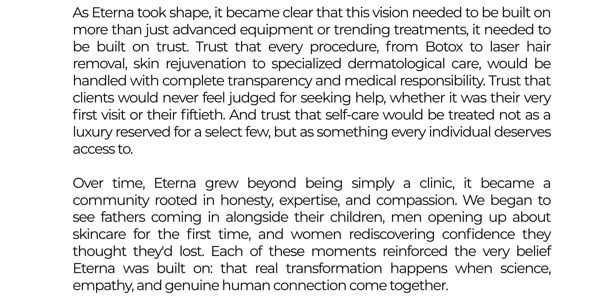 A brand deck slide continuing Eterna's origin story, on building trust and becoming a community rooted in honesty and compassion.