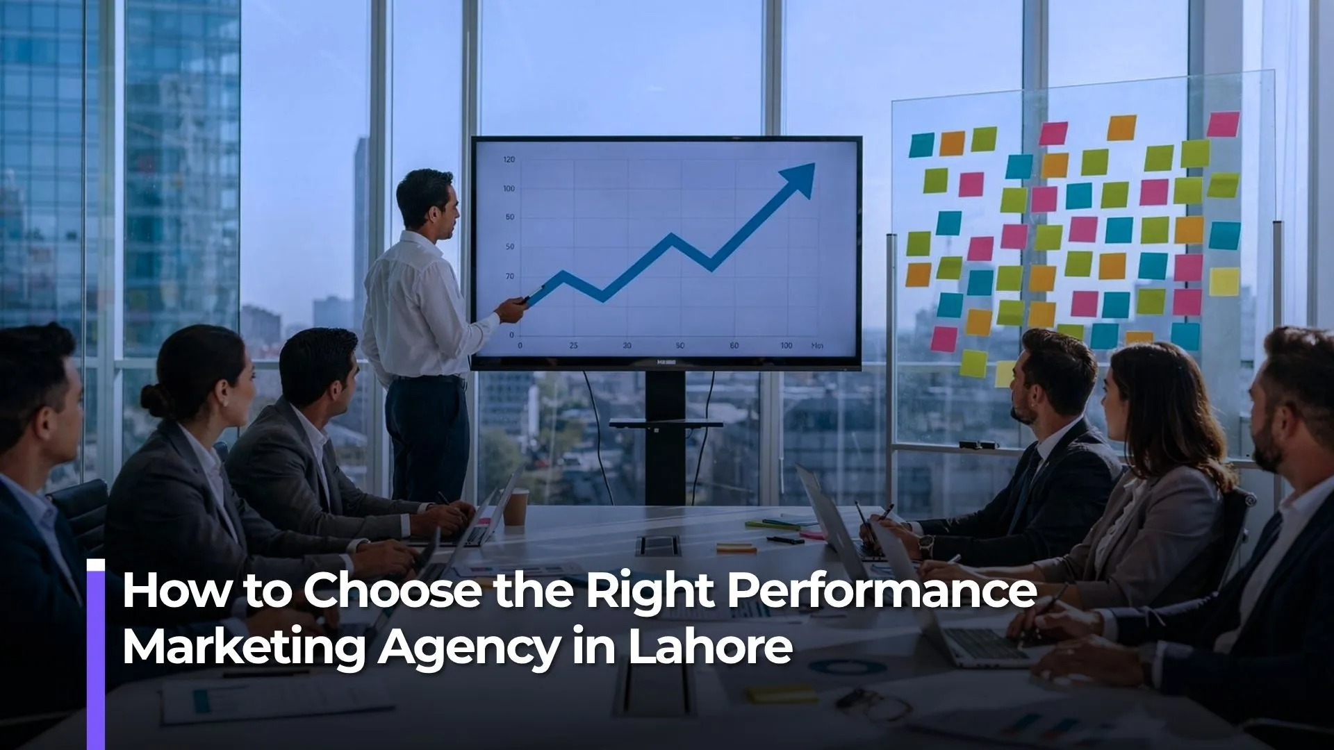 An illustration of a performance marketing dashboard, agency team, and Lahore skyline representing how to choose the right performance marketing agency in Lahore.